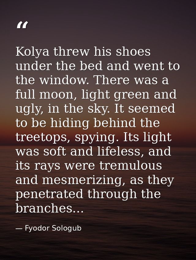 Kolya threw his shoes under the bed and went to the window. There was a full moon, light green and ugly, in the sky. It  — Fyodor Sologub