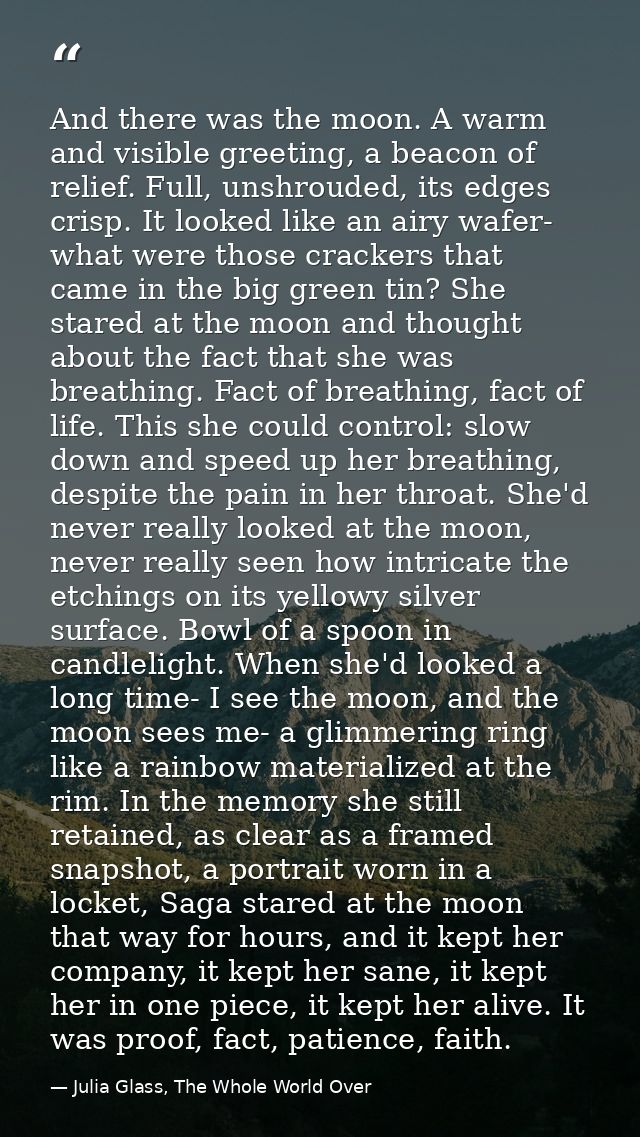 And there was the moon. A warm and visible greeting, a beacon of relief. Full, unshrouded, its edges crisp. It looked li — Julia Glass, The Whole World Over