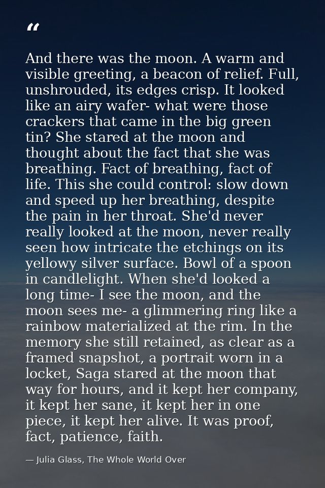 And there was the moon. A warm and visible greeting, a beacon of relief. Full, unshrouded, its edges crisp. It looked li — Julia Glass, The Whole World Over