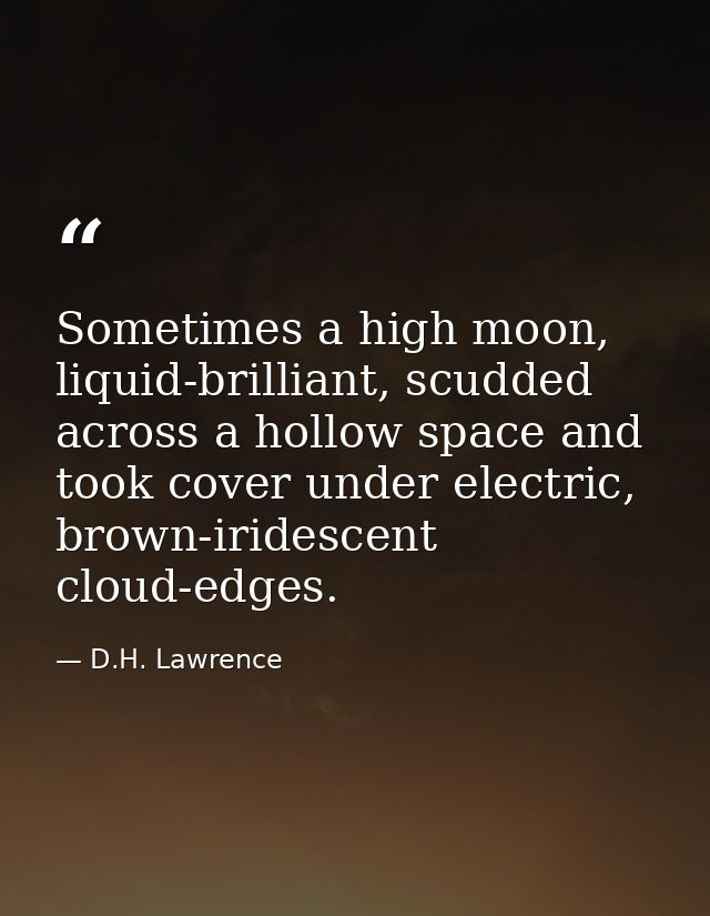 Sometimes a high moon, liquid-brilliant, scudded across a hollow space and took cover under electric, brown-iridescent c — D.H. Lawrence