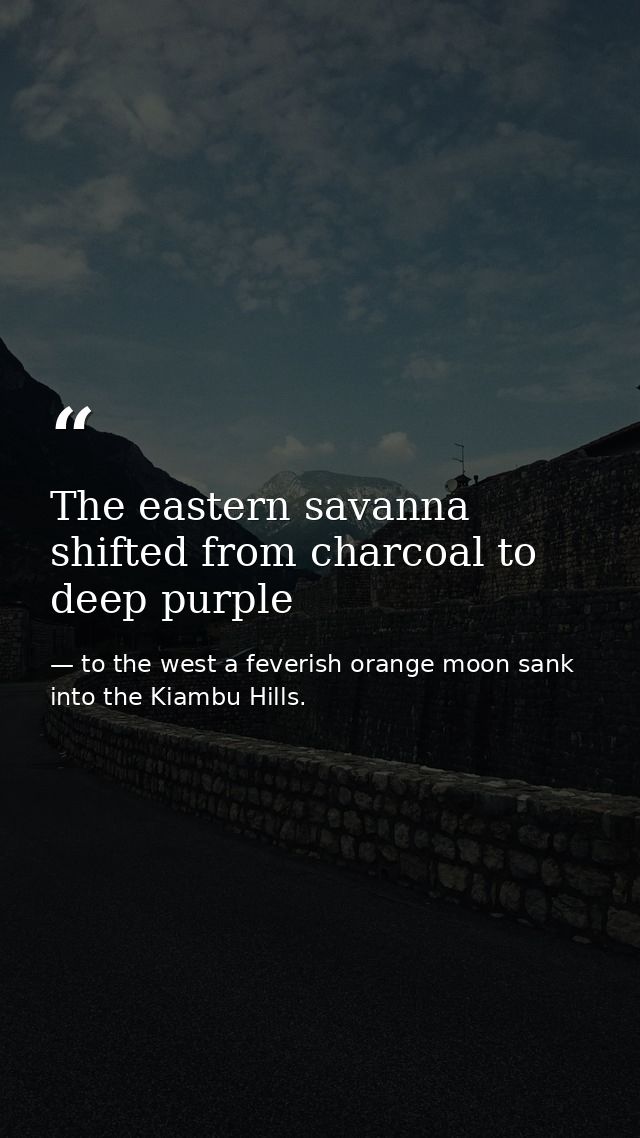 The eastern savanna shifted from charcoal to deep purple — to the west a feverish orange moon sank into the Kiambu Hills.