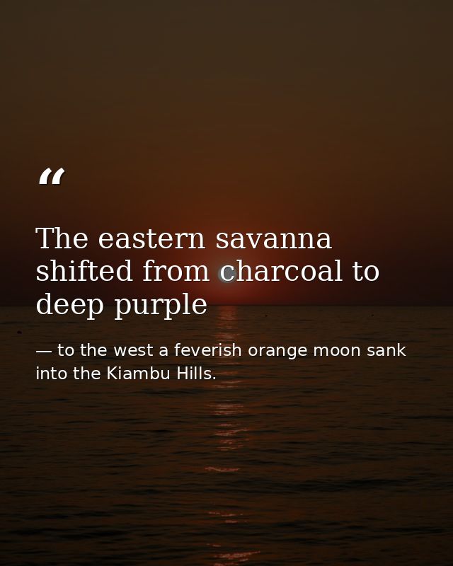 The eastern savanna shifted from charcoal to deep purple — to the west a feverish orange moon sank into the Kiambu Hills.