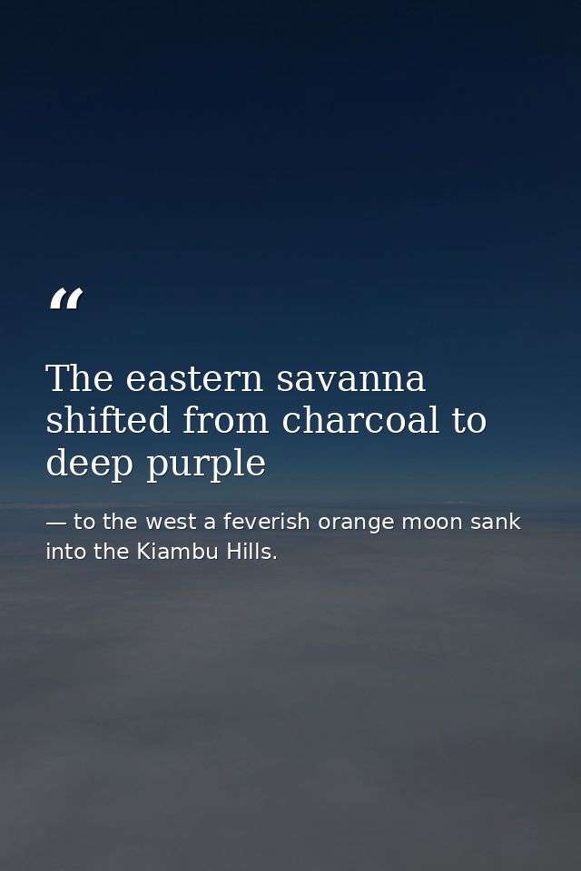 The eastern savanna shifted from charcoal to deep purple — to the west a feverish orange moon sank into the Kiambu Hills.