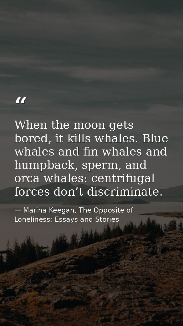 When the moon gets bored, it kills whales. Blue whales and fin whales and humpback, sperm, and orca whales: centrifugal  — Marina Keegan, The Opposite of Loneliness: Essays and Stories