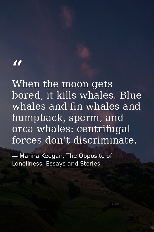 When the moon gets bored, it kills whales. Blue whales and fin whales and humpback, sperm, and orca whales: centrifugal  — Marina Keegan, The Opposite of Loneliness: Essays and Stories