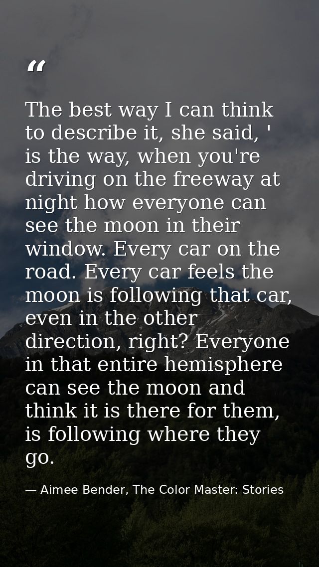 The best way I can think to describe it, she said, ' is the way, when you're driving on the freeway at night how everyon — Aimee Bender, The Color Master: Stories