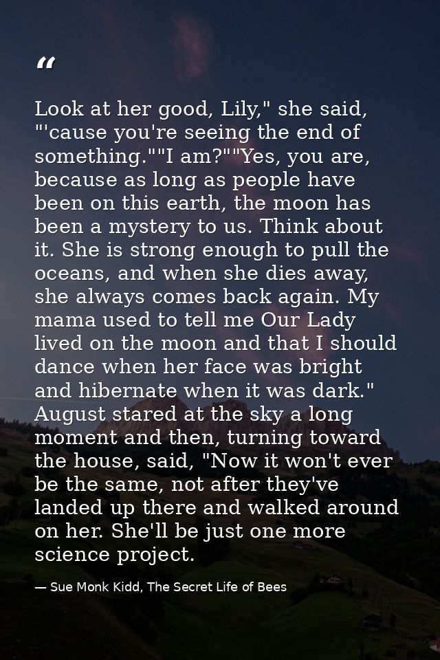 Look at her good, Lily," she said, "'cause you're seeing the end of something.""I am?""Yes, you are, because as long as  — Sue Monk Kidd, The Secret Life of Bees