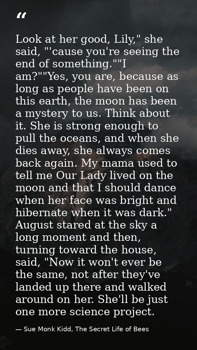 Look at her good, Lily," she said, "'cause you're seeing the end of something.""I am?""Yes, you are, because as long as  — Sue Monk Kidd, The Secret Life of Bees