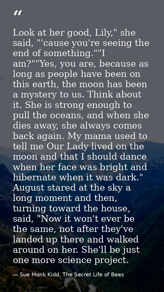 Look at her good, Lily," she said, "'cause you're seeing the end of something.""I am?""Yes, you are, because as long as  — Sue Monk Kidd, The Secret Life of Bees