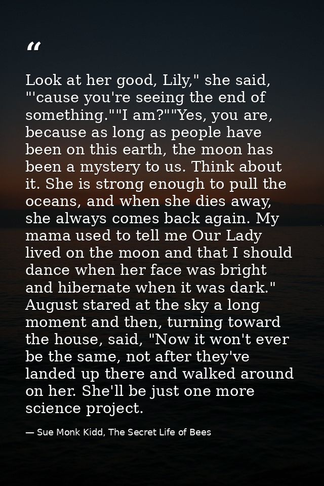 Look at her good, Lily," she said, "'cause you're seeing the end of something.""I am?""Yes, you are, because as long as  — Sue Monk Kidd, The Secret Life of Bees