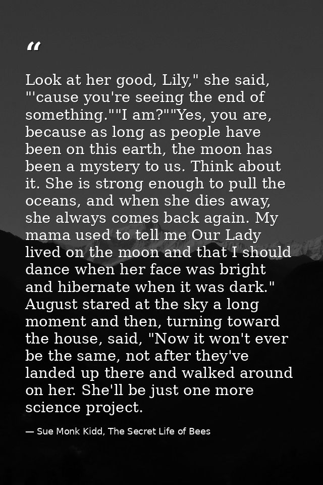 Look at her good, Lily," she said, "'cause you're seeing the end of something.""I am?""Yes, you are, because as long as  — Sue Monk Kidd, The Secret Life of Bees