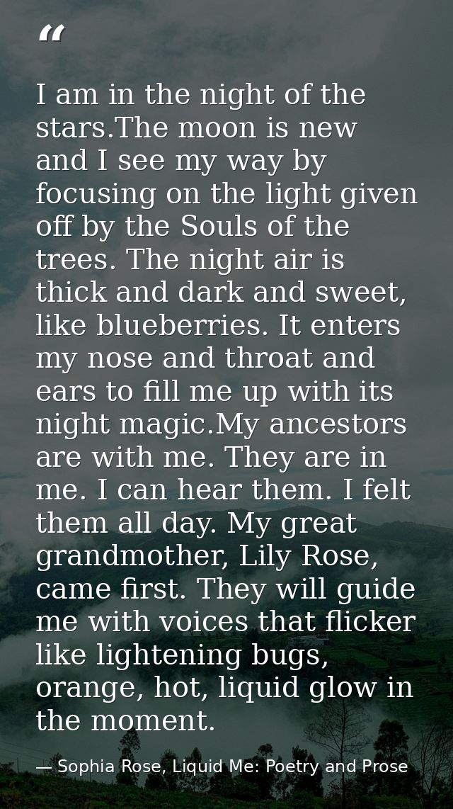 I am in the night of the stars.The moon is new and I see my way by focusing on the light given off by the Souls of the t — Sophia Rose, Liquid Me: Poetry and Prose