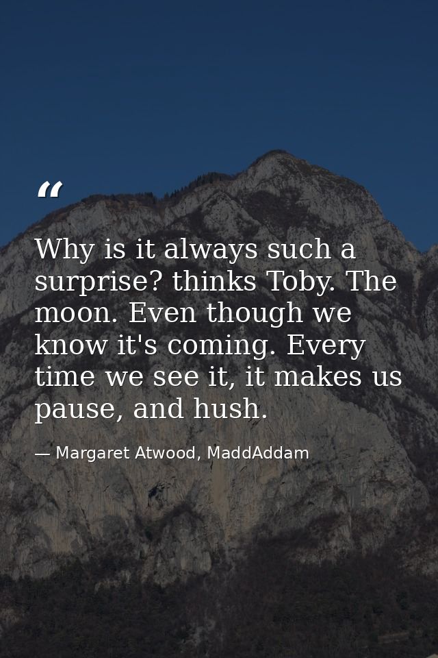 Why is it always such a surprise? thinks Toby. The moon. Even though we know it's coming. Every time we see it, it makes — Margaret Atwood, MaddAddam