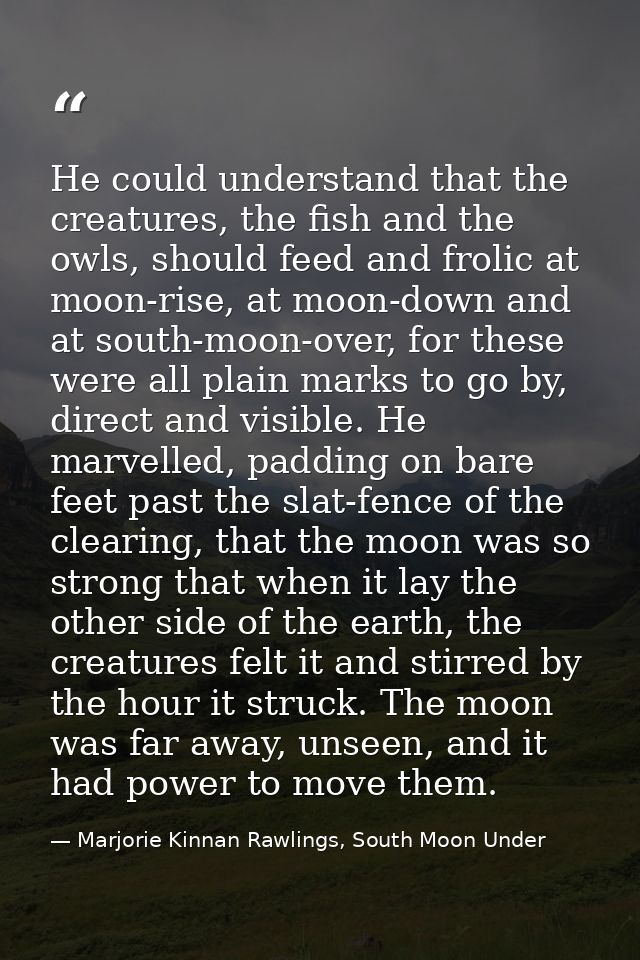 He could understand that the creatures, the fish and the owls, should feed and frolic at moon-rise, at moon-down and at  — Marjorie Kinnan Rawlings, South Moon Under