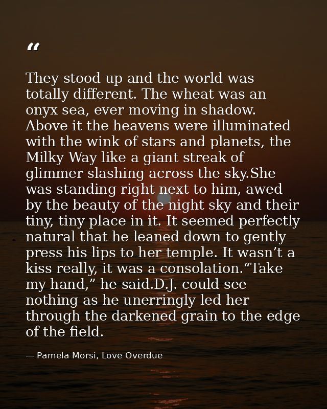 They stood up and the world was totally different. The wheat was an onyx sea, ever moving in shadow. Above it the heaven — Pamela Morsi, Love Overdue