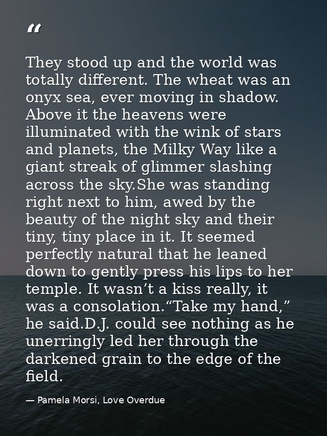 They stood up and the world was totally different. The wheat was an onyx sea, ever moving in shadow. Above it the heaven — Pamela Morsi, Love Overdue