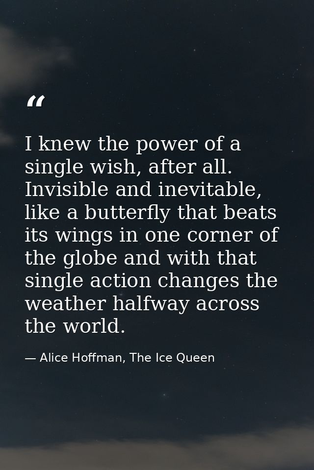 I knew the power of a single wish, after all. Invisible and inevitable, like a butterfly that beats its wings in one cor — Alice Hoffman, The Ice Queen