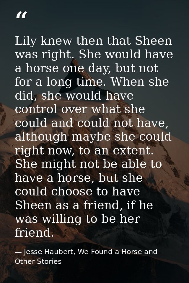 Lily knew then that Sheen was right. She would have a horse one day, but not for a long time. When she did, she would ha — Jesse Haubert, We Found a Horse and Other Stories