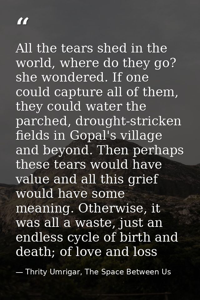 All the tears shed in the world, where do they go? she wondered. If one could capture all of them, they could water the  — Thrity Umrigar, The Space Between Us