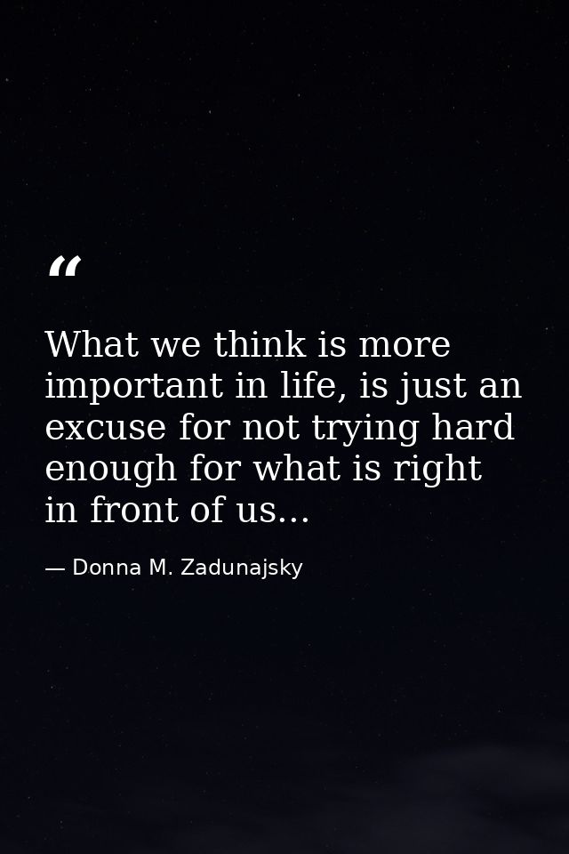 What we think is more important in life, is just an excuse for not trying hard enough for what is right in front of us.. — Donna M. Zadunajsky