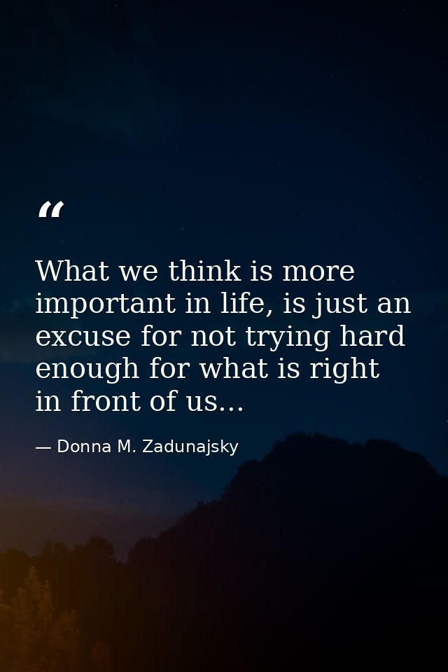 What we think is more important in life, is just an excuse for not trying hard enough for what is right in front of us.. — Donna M. Zadunajsky