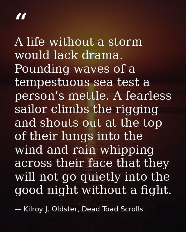 A life without a storm would lack drama. Pounding waves of a tempestuous sea test a person’s mettle. A fearless sailor c — Kilroy J. Oldster, Dead Toad Scrolls