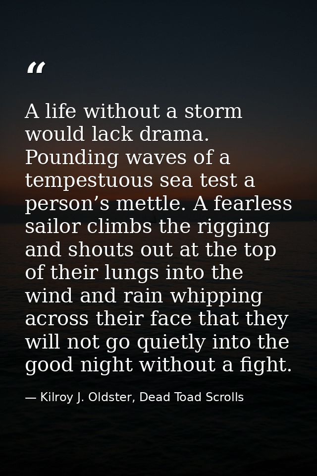 A life without a storm would lack drama. Pounding waves of a tempestuous sea test a person’s mettle. A fearless sailor c — Kilroy J. Oldster, Dead Toad Scrolls