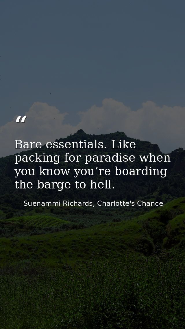 Bare essentials. Like packing for paradise when you know you’re boarding the barge to hell. — Suenammi Richards, Charlotte's Chance
