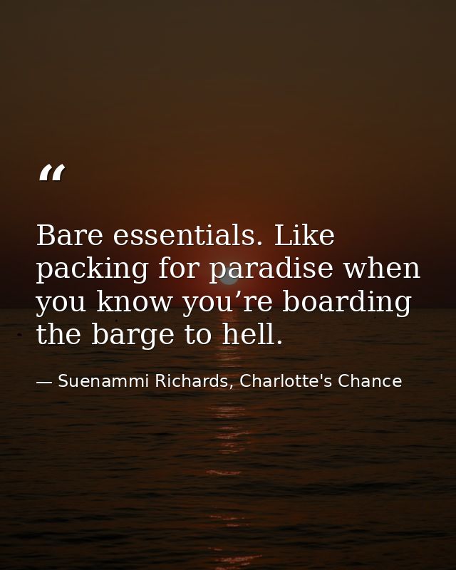 Bare essentials. Like packing for paradise when you know you’re boarding the barge to hell. — Suenammi Richards, Charlotte's Chance