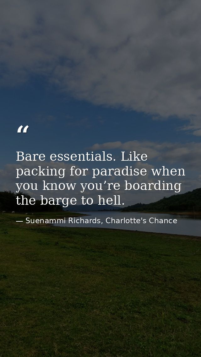 Bare essentials. Like packing for paradise when you know you’re boarding the barge to hell. — Suenammi Richards, Charlotte's Chance