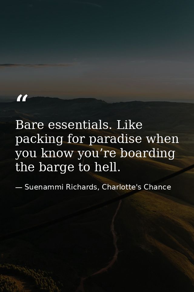 Bare essentials. Like packing for paradise when you know you’re boarding the barge to hell. — Suenammi Richards, Charlotte's Chance