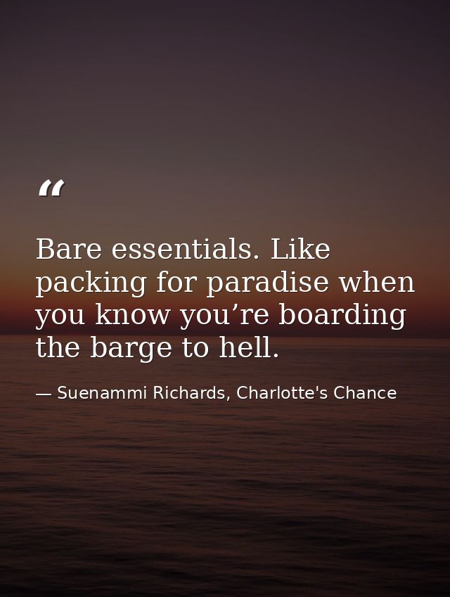 Bare essentials. Like packing for paradise when you know you’re boarding the barge to hell. — Suenammi Richards, Charlotte's Chance