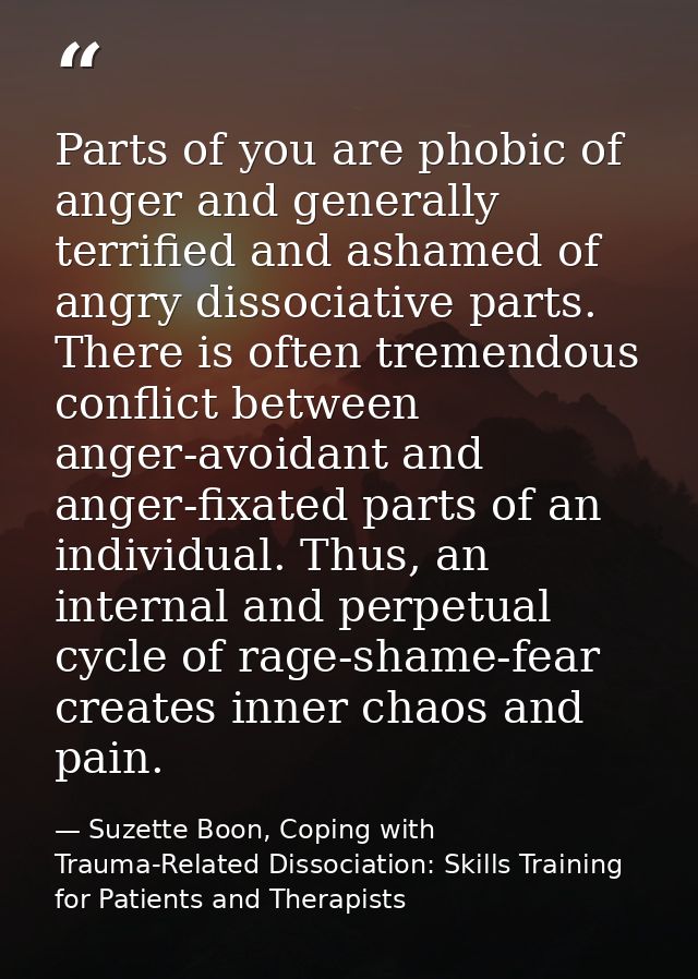 Parts of you are phobic of anger and generally terrified and ashamed of angry dissociative parts. There is often tremend — Suzette Boon, Coping with Trauma-Related Dissociation: Skills Training for Patients and Therapists