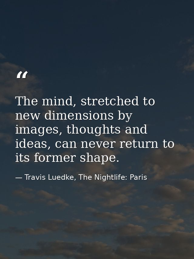 The mind, stretched to new dimensions by images, thoughts and ideas, can never return to its former shape. — Travis Luedke, The Nightlife: Paris