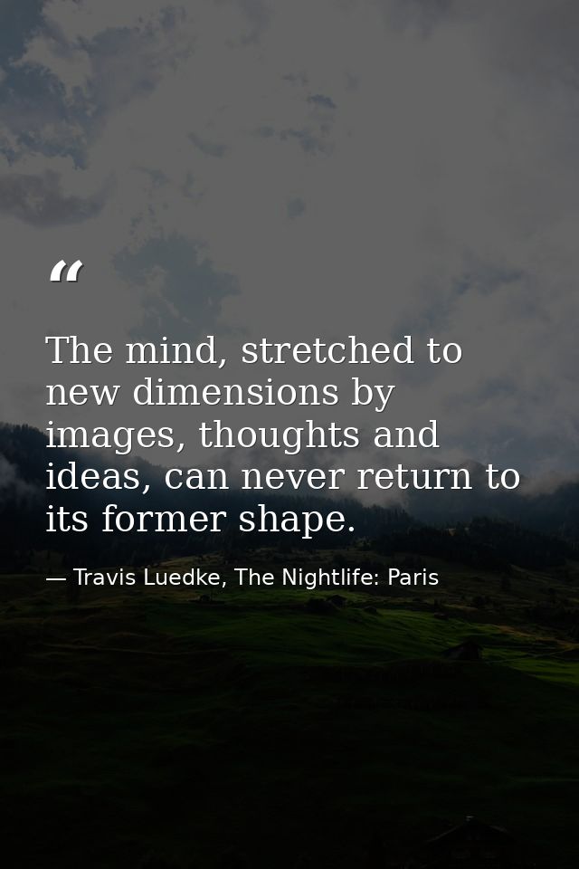 The mind, stretched to new dimensions by images, thoughts and ideas, can never return to its former shape. — Travis Luedke, The Nightlife: Paris