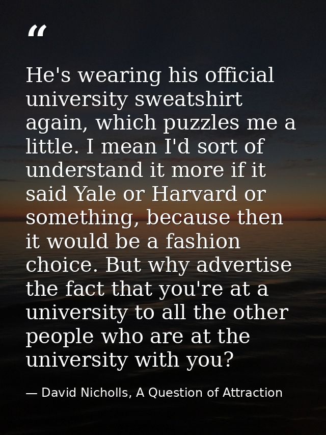 He's wearing his official university sweatshirt again, which puzzles me a little. I mean I'd sort of understand it more  — David Nicholls, A Question of Attraction