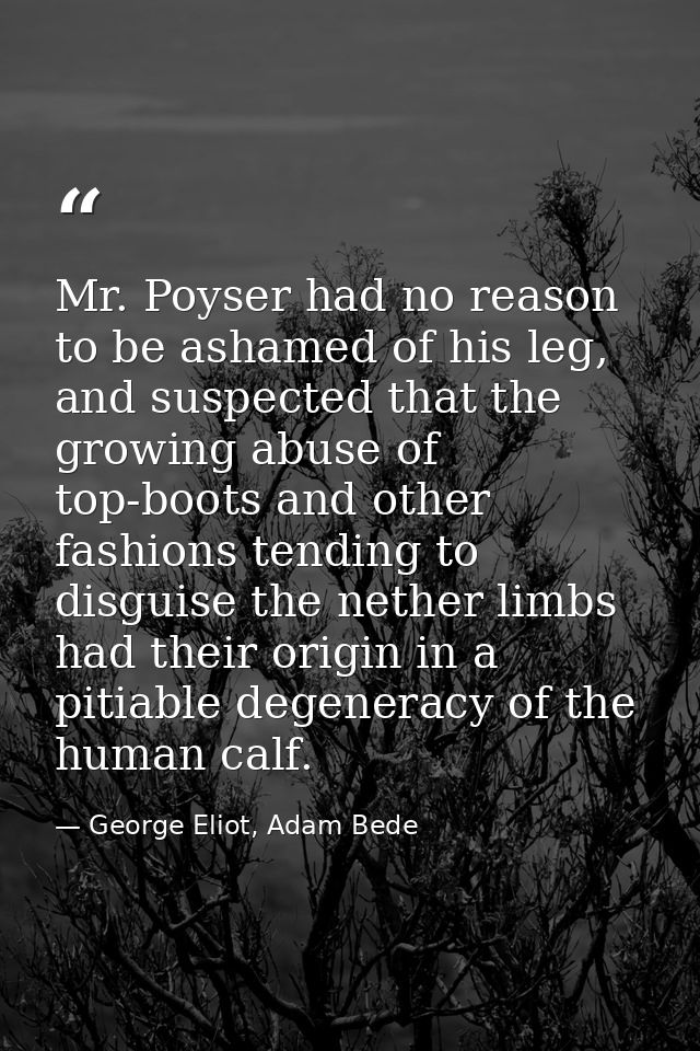 Mr. Poyser had no reason to be ashamed of his leg, and suspected that the growing abuse of top-boots and other fashions  — George Eliot, Adam Bede