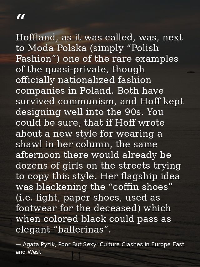 Hoffland, as it was called, was, next to Moda Polska (simply “Polish Fashion”) one of the rare examples of the quasi-pri — Agata Pyzik, Poor But Sexy: Culture Clashes in Europe East and West