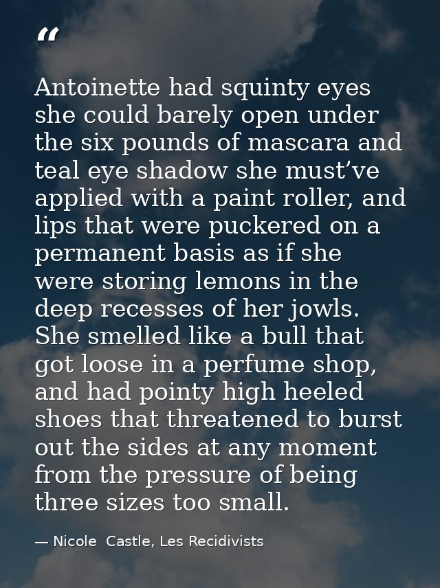 Antoinette had squinty eyes she could barely open under the six pounds of mascara and teal eye shadow she must’ve applie — Nicole  Castle, Les Recidivists