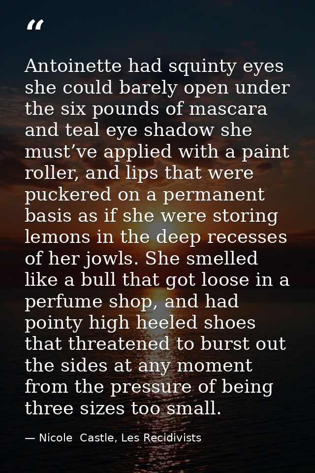 Antoinette had squinty eyes she could barely open under the six pounds of mascara and teal eye shadow she must’ve applie — Nicole  Castle, Les Recidivists