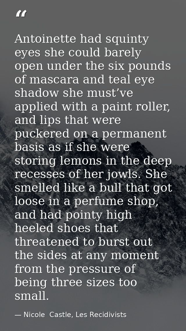 Antoinette had squinty eyes she could barely open under the six pounds of mascara and teal eye shadow she must’ve applie — Nicole  Castle, Les Recidivists