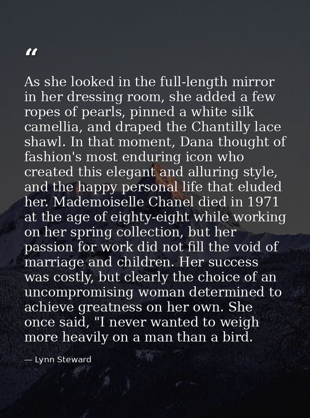As she looked in the full-length mirror in her dressing room, she added a few ropes of pearls, pinned a white silk camel — Lynn Steward
