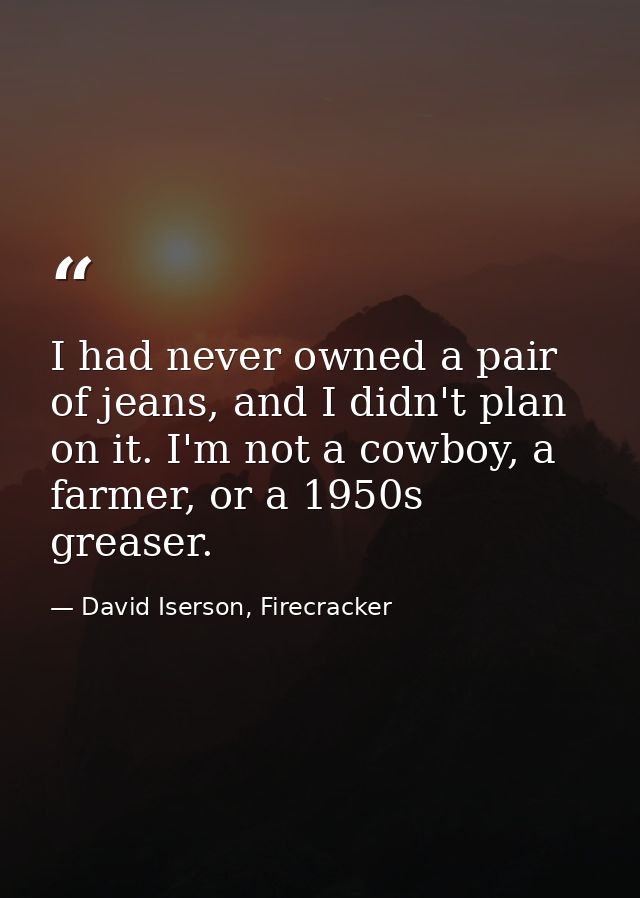 I had never owned a pair of jeans, and I didn't plan on it. I'm not a cowboy, a farmer, or a 1950s greaser. — David Iserson, Firecracker