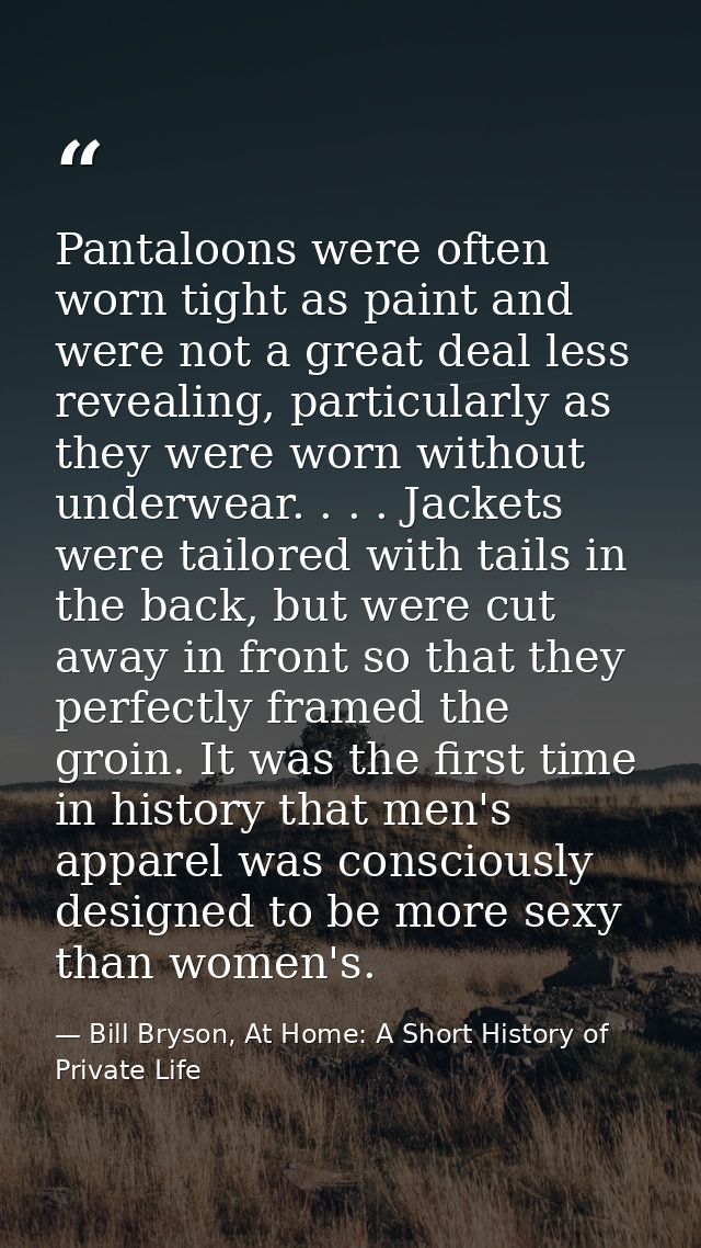Pantaloons were often worn tight as paint and were not a great deal less revealing, particularly as they were worn witho — Bill Bryson, At Home: A Short History of Private Life