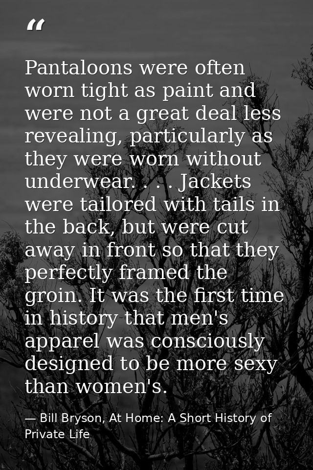 Pantaloons were often worn tight as paint and were not a great deal less revealing, particularly as they were worn witho — Bill Bryson, At Home: A Short History of Private Life