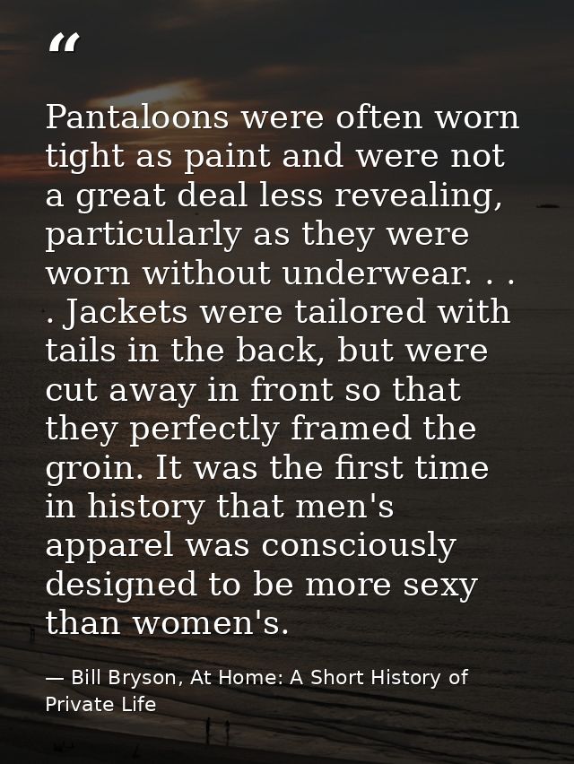 Pantaloons were often worn tight as paint and were not a great deal less revealing, particularly as they were worn witho — Bill Bryson, At Home: A Short History of Private Life