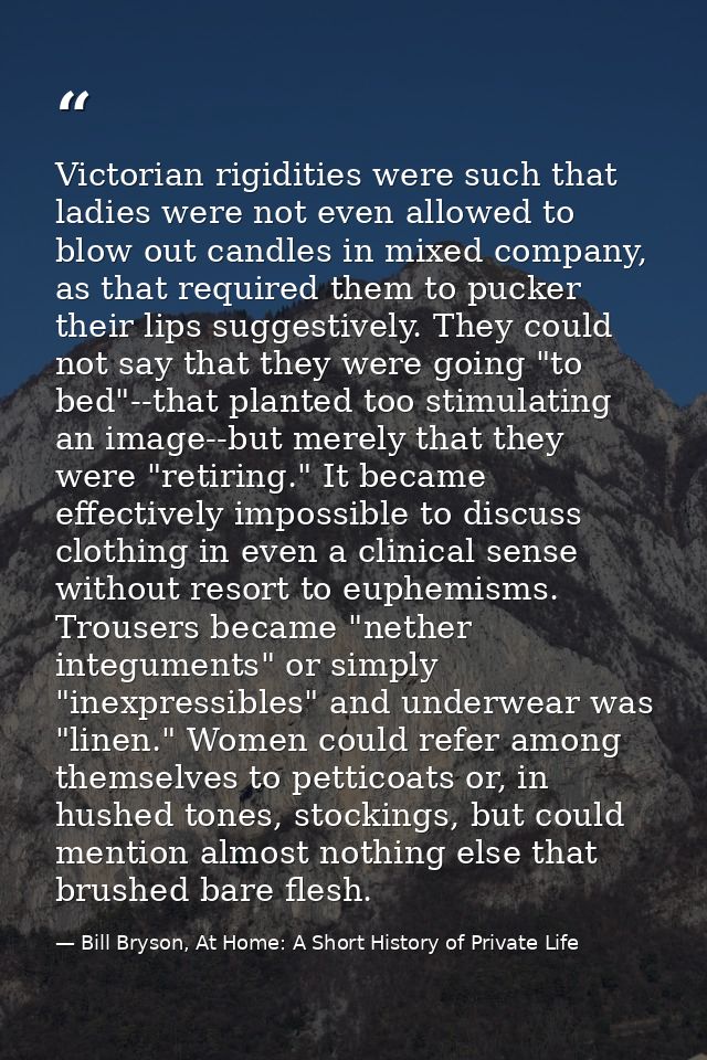 Victorian rigidities were such that ladies were not even allowed to blow out candles in mixed company, as that required  — Bill Bryson, At Home: A Short History of Private Life