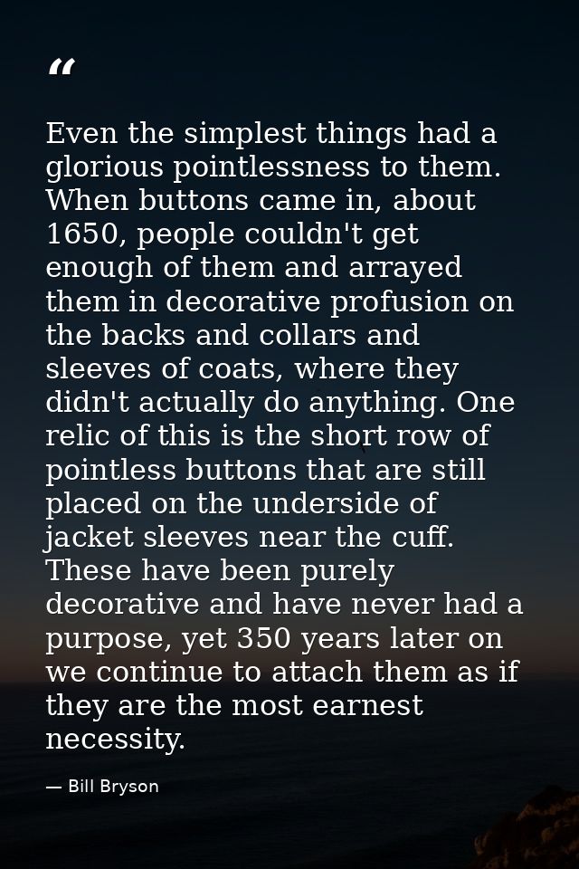 Even the simplest things had a glorious pointlessness to them. When buttons came in, about 1650, people couldn't get eno — Bill Bryson