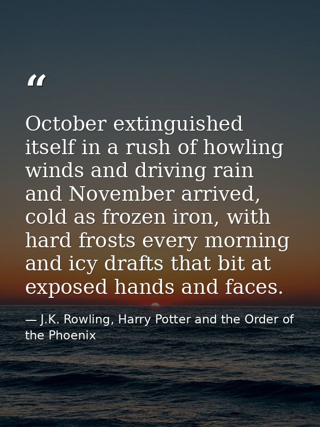 October extinguished itself in a rush of howling winds and driving rain and November arrived, cold as frozen iron, with  — J.K. Rowling, Harry Potter and the Order of the Phoenix