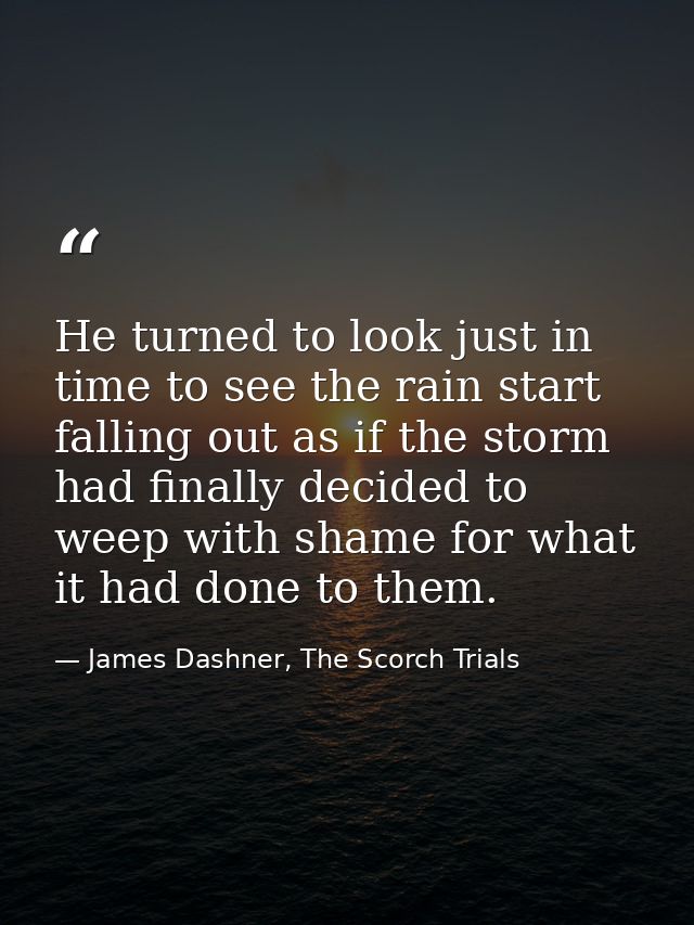 He turned to look just in time to see the rain start falling out as if the storm had finally decided to weep with shame  — James Dashner, The Scorch Trials